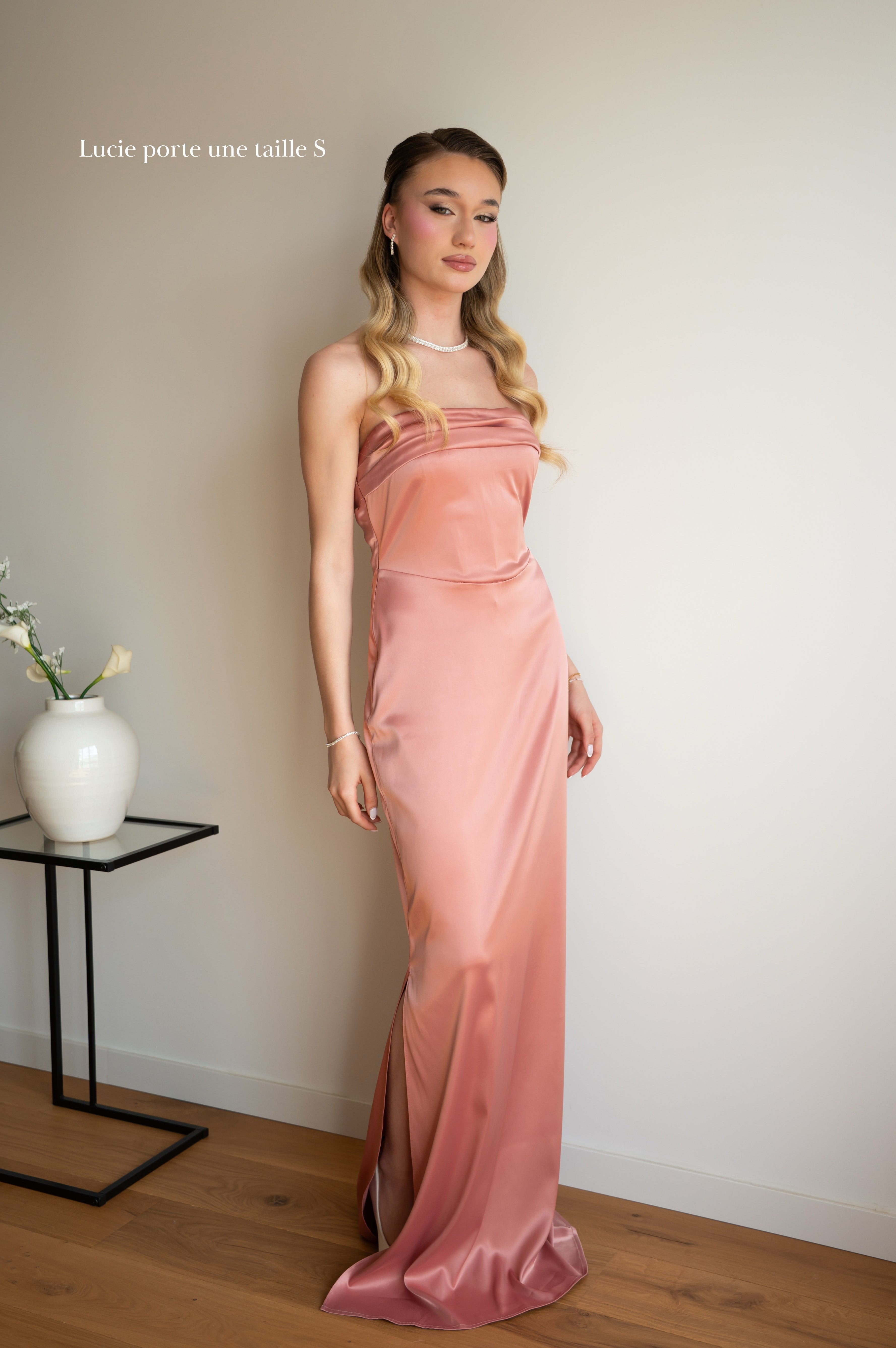 Robe en satin bustier MIRA couleur vieux rose de face